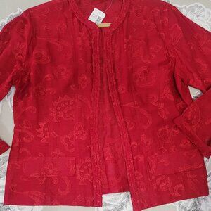 Chico's Red Silk/Linen Embroidered Open Front Jacket Size 1= Medium